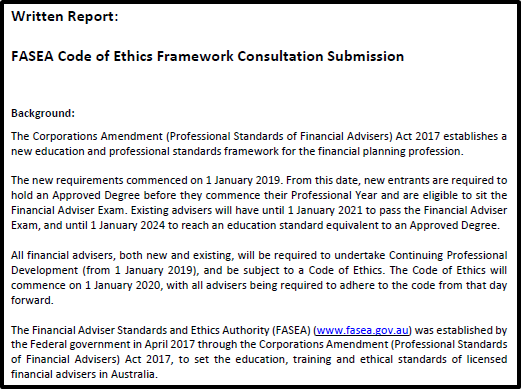 FASEA Code of Ethics Framework Consultation Submission